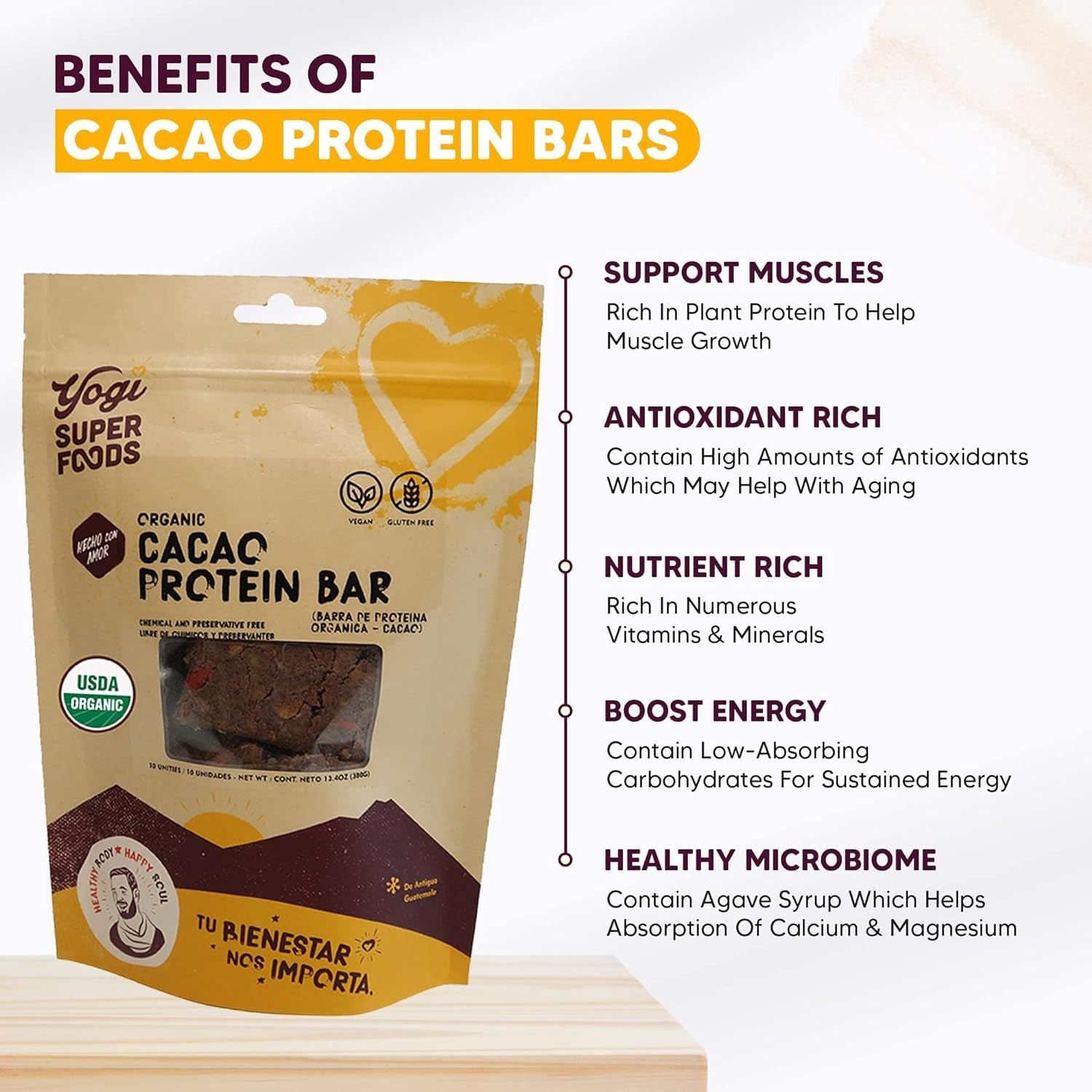 Yogi Super Foods Cacao Protein Bars for Healthy Energy - Organic, Vegan, Gluten Free, Low Glycemic Superfood Snack Food Bars with Plant Protein, Cocoa Powder & Nibs, Agave & Granola - 10 Bars