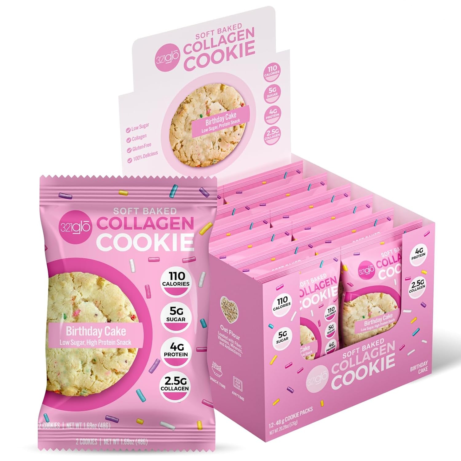 321Glo Collagen Cookies | Soft Baked, High Protein Cookies | Low Carb, Low Sugar | Keto Snack for Women, Men, & Kids | 12 Pack (Birthday Cake)