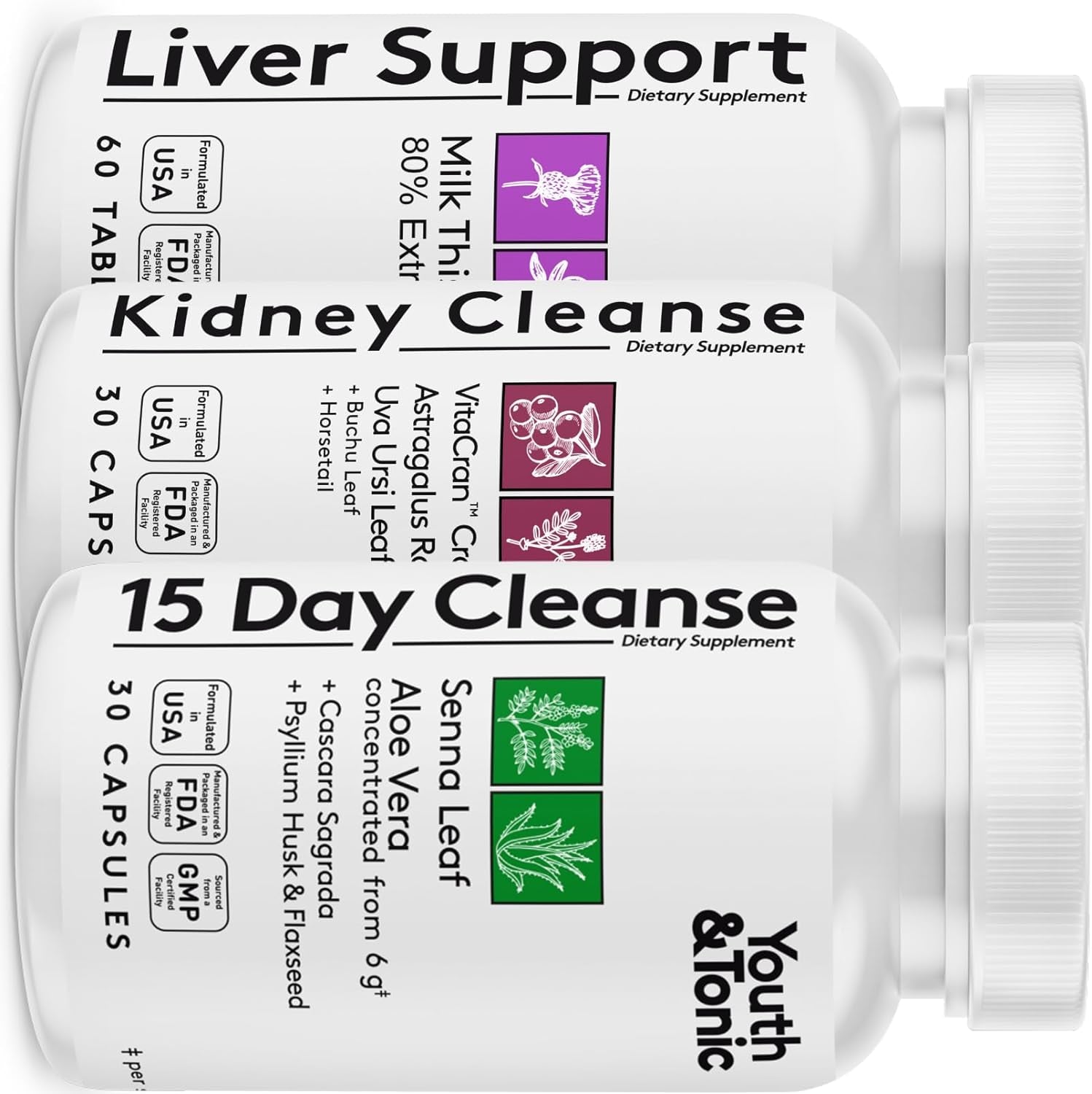 Youth & Tonic 3X Body Detox and Cleanse for Women & Men | Liver Support + Kidney Cleanse + 15 Day Colon Cleanser for Loss of Metabolic Waste | 120 Pills