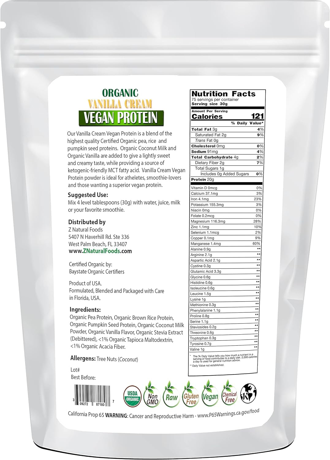 Z Natural Foods Organic Vanilla Cream Vegan Protein Powder 5 Lbs