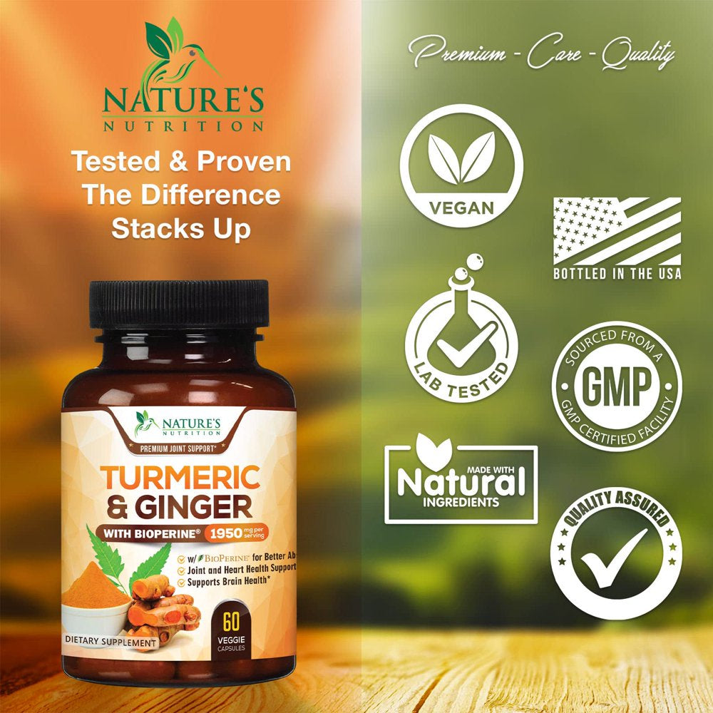 Turmeric Curcumin with Bioperine & Ginger 95% Standardized Curcuminoids 1950Mg Black Pepper for Max Absorption Joint Support, Nature'S Tumeric Herbal Extract Supplement, Vegan, Non-Gmo - 60 Capsules