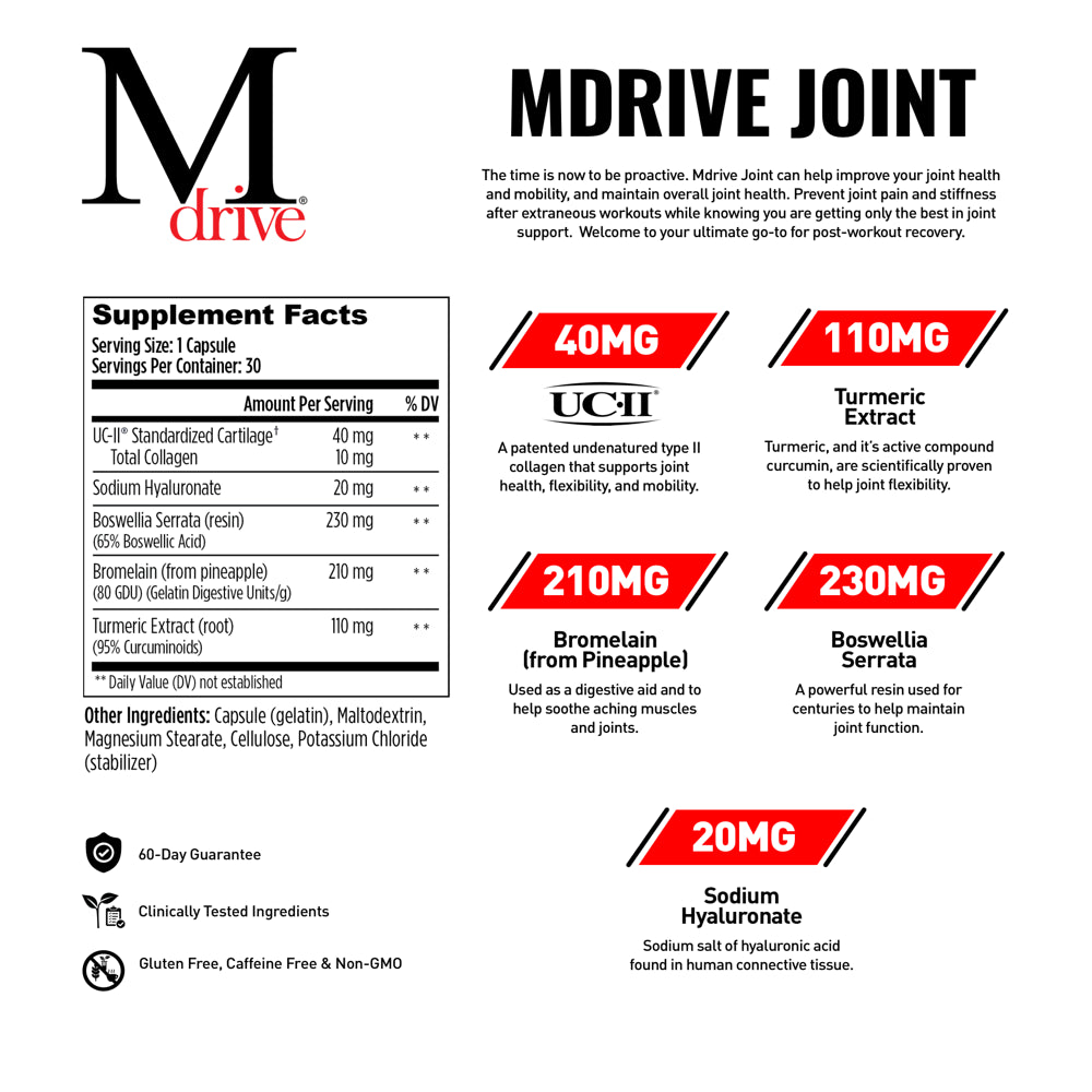 Mdrive Joint Health Supplement - Supports Healthy Joint Function, Flexibility, Comfort and Mobility - UC-II Collagen, Turmeric Curcumin & Sodium Hyaluronate (From Hyaluronic Acid), 30 Capsules