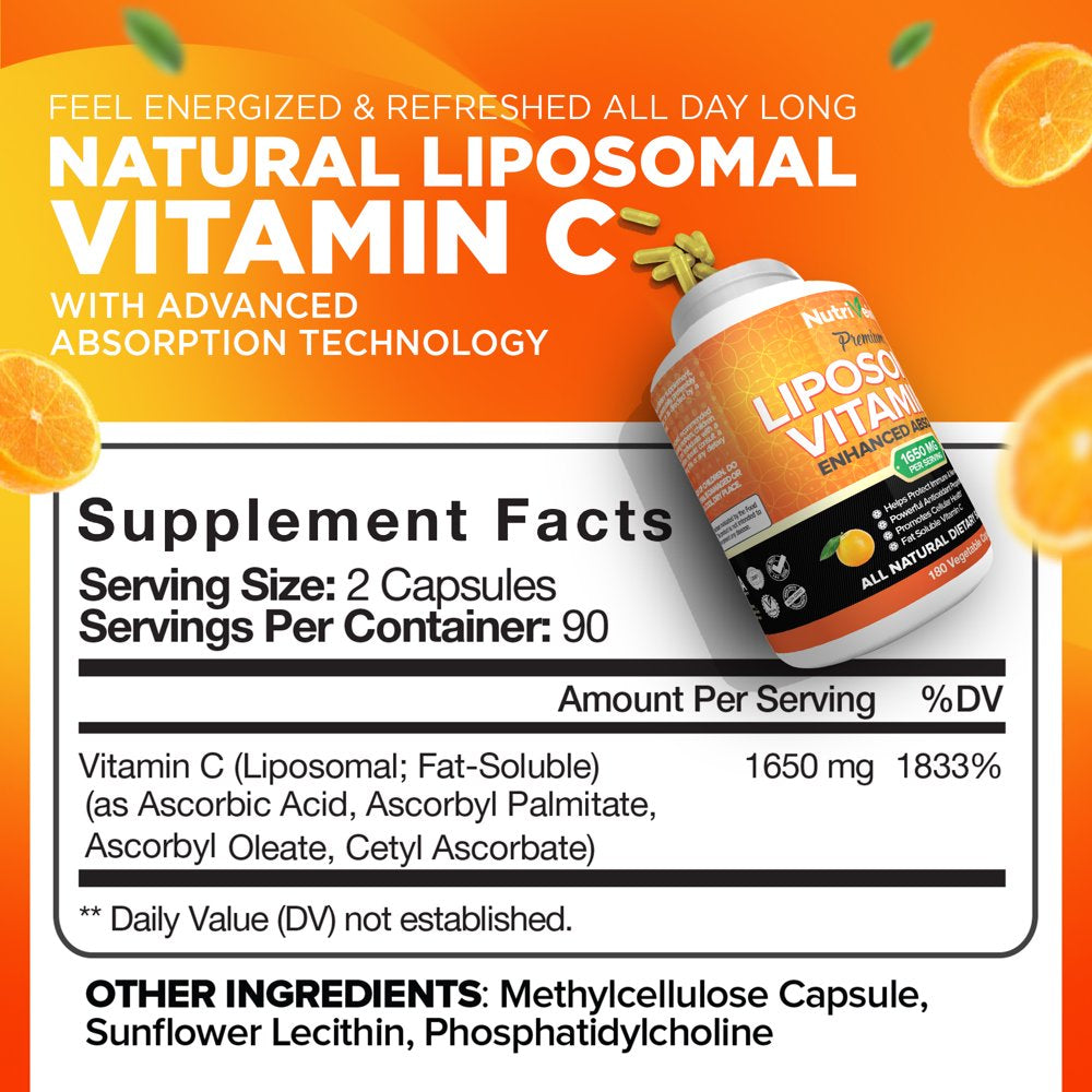 Nutrivein Liposomal Vitamin C 1650Mg - 180 Capsules - High Absorption Ascorbic Acid