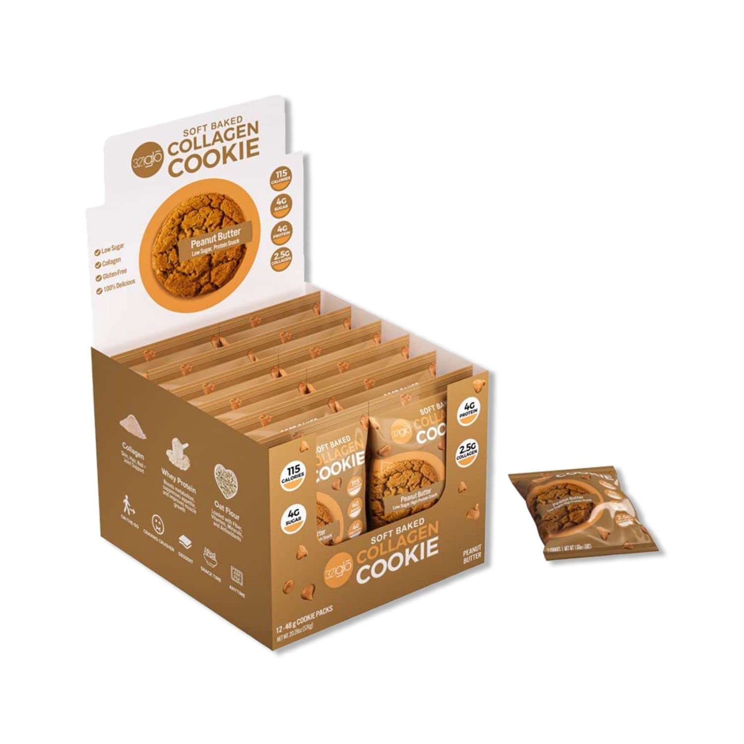 321Glo Collagen Protein Cookies, Soft-Baked Cookies, Low Carb and Keto Friendly Treats for Women, Men, and Kids, 12-PACK (Peanut Butter)