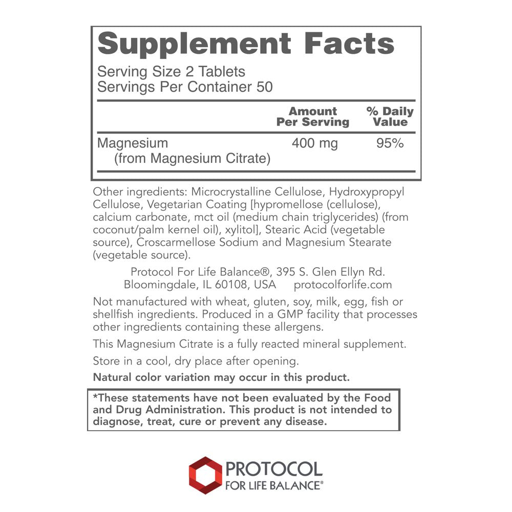 Protocol Magnesium Citrate 400Mg - Mood Support, Heart Health, Brain Support Supplement - 100 Tabs