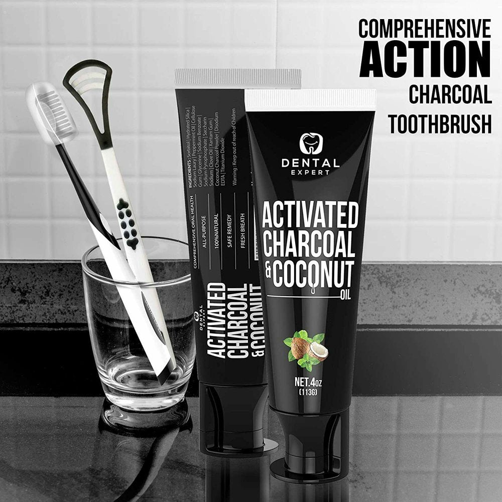 Dental Expert Activated Charcoal Teeth Whitening Toothpaste [Coconut Oil] Kids & Adults - Destroys Bad Breath - Best Natural Activated Vegan Black Tooth Paste Whitener