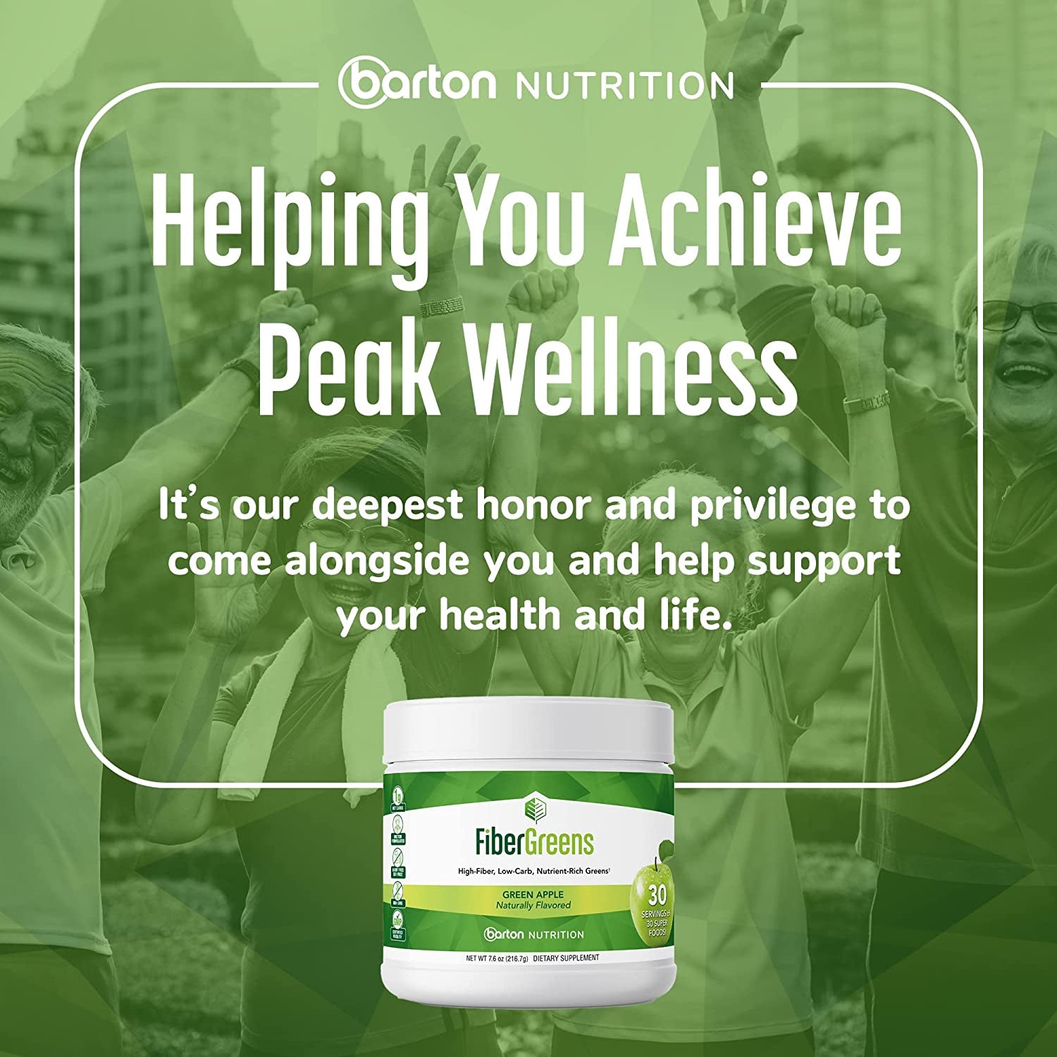 Barton Nutrition Green Apple Fiber Greens - Low-Carb Probiotics for Gut Health - Blood Function Support - Naturally Flavored Probiotic Formula with 30 Superfoods - Protects Heart Health, 30 Servings