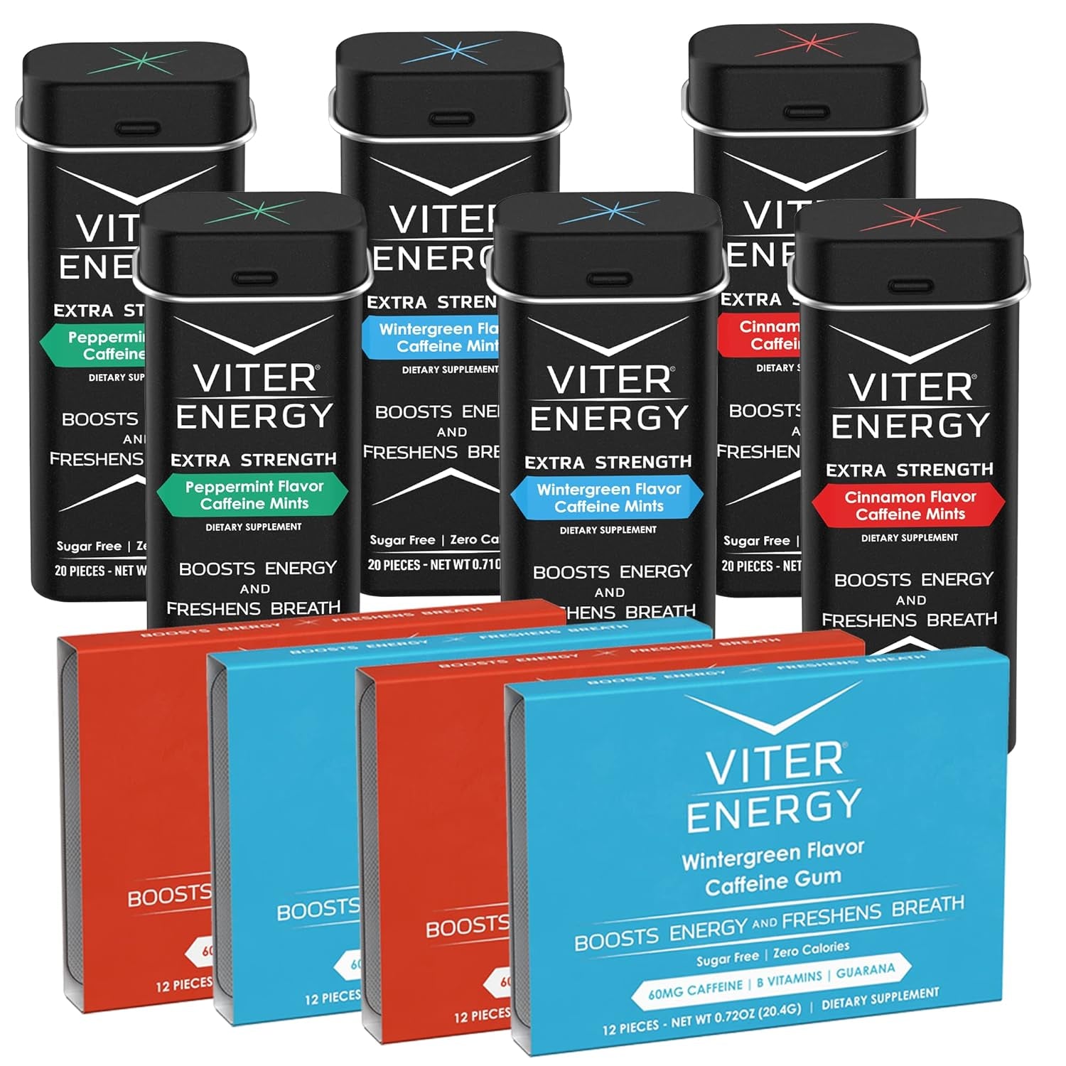 Viter Energy 60Mg Caffeine Gum and Extra Strength 80Mg Caffeine Mints Variety Packs Bundle - Caffeine, B Vitamins, Sugar Free, Vegan, Powerful Energy Booster for Focus and Alertness