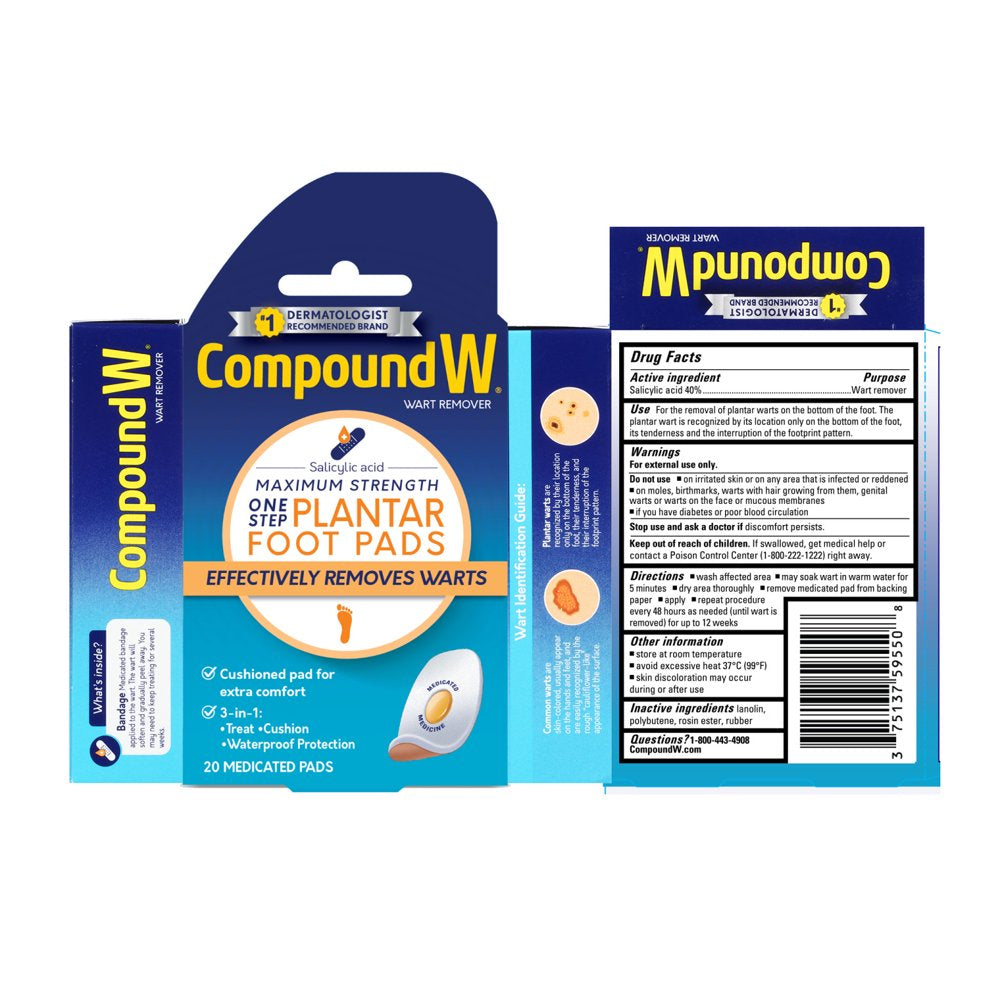 Compound W Maximum Strength One Step Plantar Wart Remover Foot Pads, 20 Count