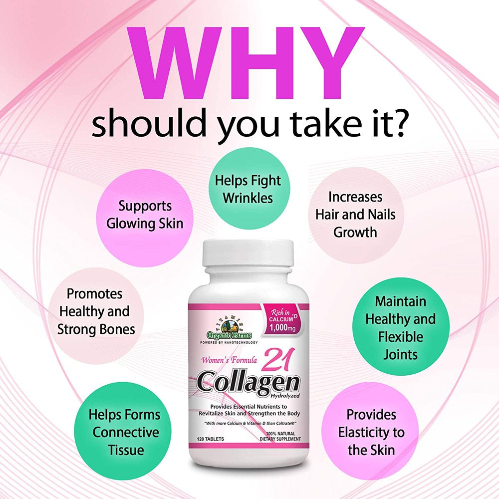 Collagen 21 Hydrolyzed, Collagen for Women - Joints, Strengthens Bones & Skin - Collagen Women´S Formula 100% Natural Highly Concentrated - Collagen Pills Rich in Calcium & Vitamin D, 120 Tablets