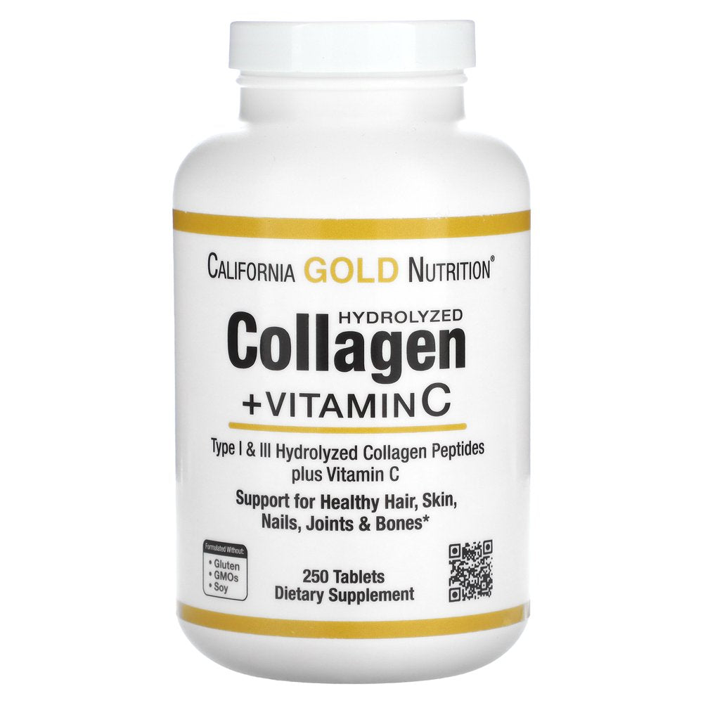 Hydrolyzed Collagen Peptides + Vitamin C by California Gold Nutrition - Support for Hair, Skin, Nails, Joints, & Bones - Featuring Type I & III Collagen Peptides - Gluten Free, Non-Gmo - 250 Tablets