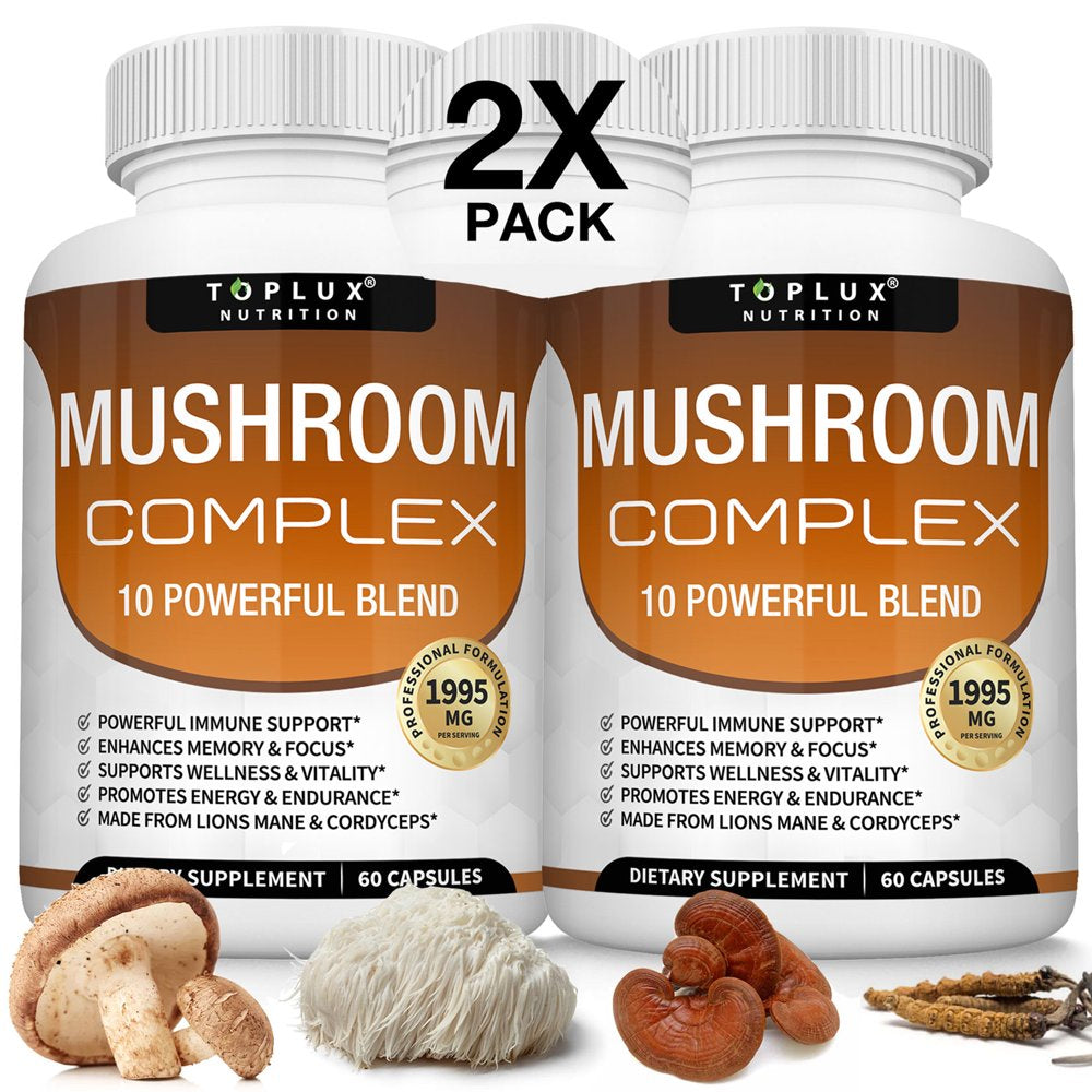Toplux Mushroom Complex 10 Powerful Blend with Lion'S Mane Cordyceps Reishi Nootropic 60 Capsules 2 Pack
