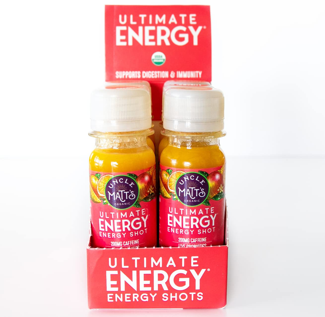 Uncle Matt'S Ultimate Energy Shot, Organic Fruit Juice Drink with 120 Mg Clean Caffeine, Lions Mane, Probiotics, Vitamins, Antioxidants, 12 Pack of 2 Oz Bottles
