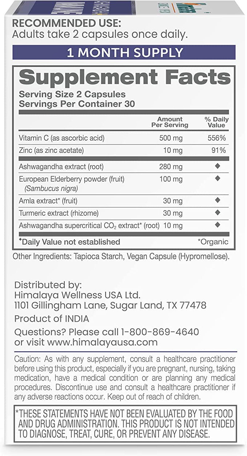 Himalaya Ashwagandha+ Immune with Elderberry, Zinc & Vitamin C for Immune Support, 60 Capsules