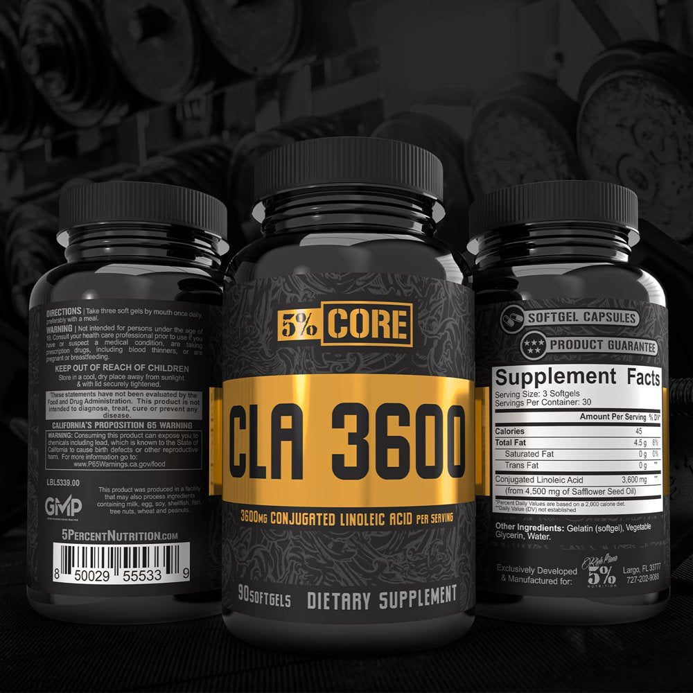 5% Nutrition Core CLA Supplement for Weight Loss, Metabolism Support & Muscle Preservation | 3,600 Mg of Conjugated Linoleic Acid from 4,500 Mg of Safflower Oil (30 Servings / 90 Softgels)