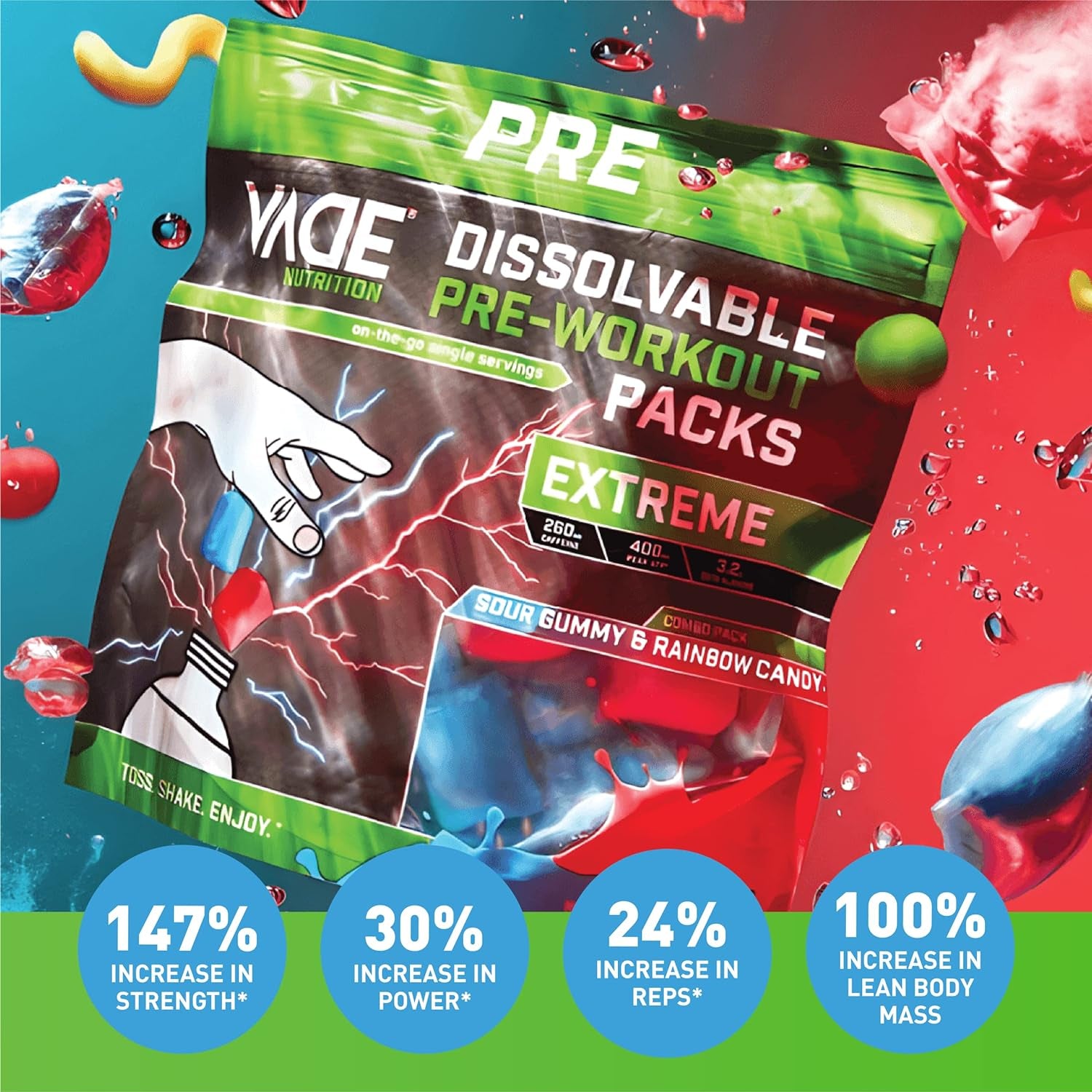 VADE Nutrition Dissolvable Extreme Pre Workout Powder Packs - Energy, Pump & Focus to Go Supplement for Men & Women - with Caffeine, Nitrosigine, Peak ATP, Beta Alanine - 28 Packets (Combo Pack)