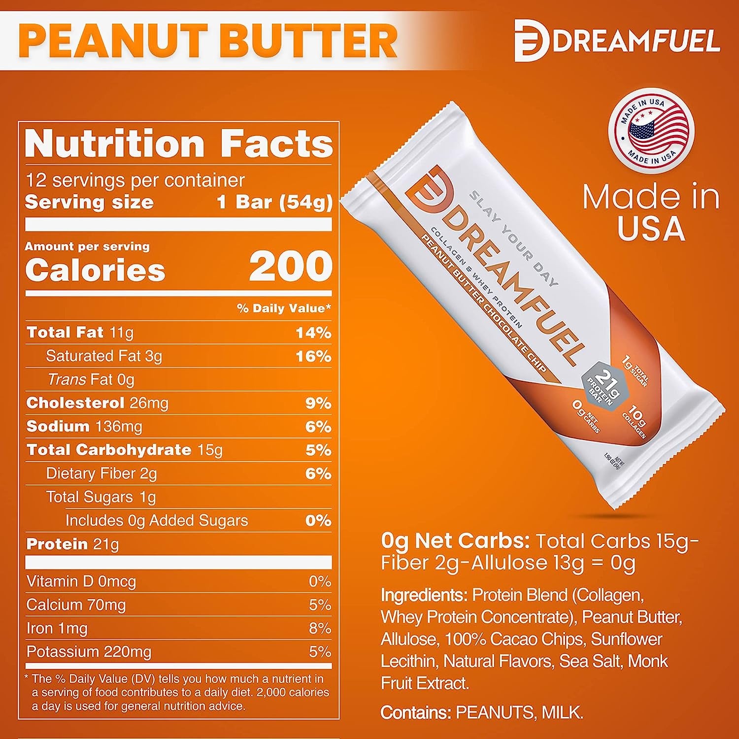 DREAM FUEL High Protein Bar, Peanut Butter Chocolate Chip, 21G Protein, 10G Collagen, 0G Net Carbs, Low Sugar, Low Carb, Low Calorie, No Sugar Alcohols, No Added Sugar, Gluten Free, Keto Friendly, Non-Gmo, 12 Pack