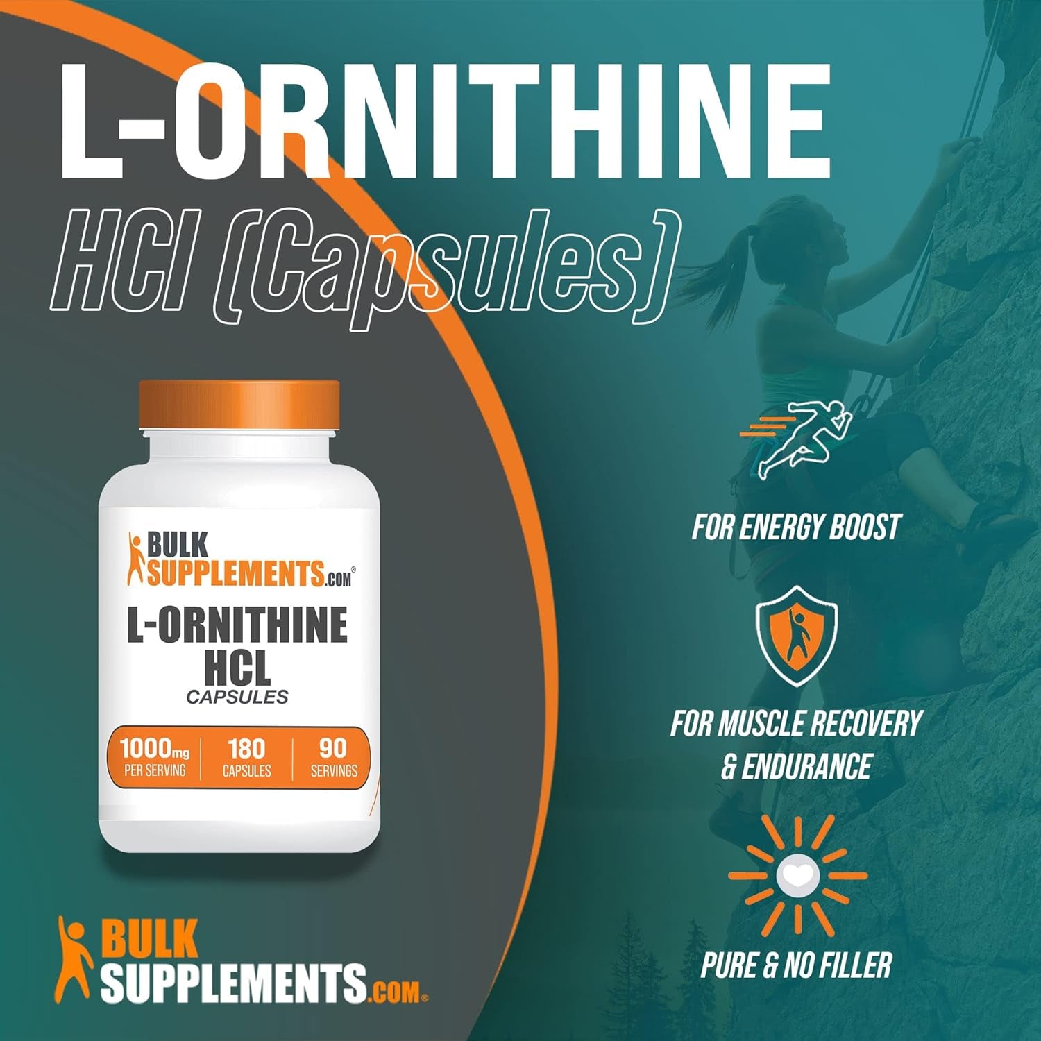 BULKSUPPLEMENTS.COM L-Ornithine Hcl Capsules - L-Ornithine Hydrochloride - Ornithine Capsules - Amino Acids Supplement - L Ornithine 1000Mg - 2 Capsules per Serving, 90-Day Supply (180 Capsules)