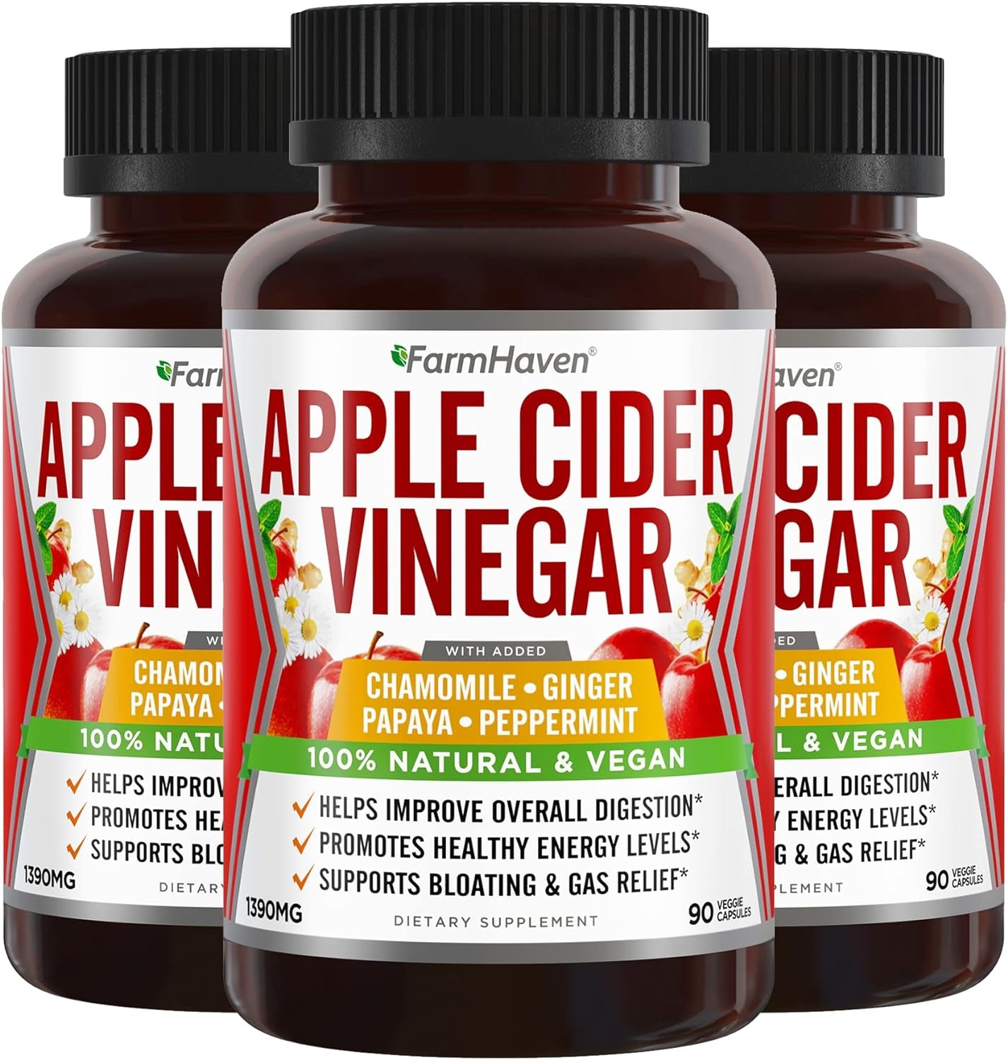 Apple Cider Vinegar Capsules with Ginger, Papaya & Chamomile | 1390Mg | Supports Digestion, Immunity | like with Mother | Non-Gmo & 100% Natural | 270 Capsules