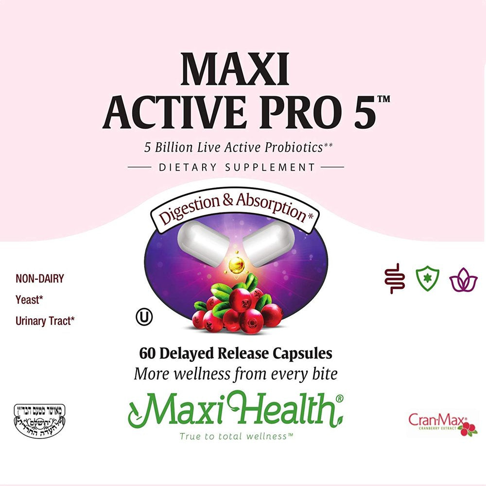 Maxi Health Active Pro-5 - Womens Probiotics - Yeast & Urinary Tract Health - 60 Capsules - Kosher