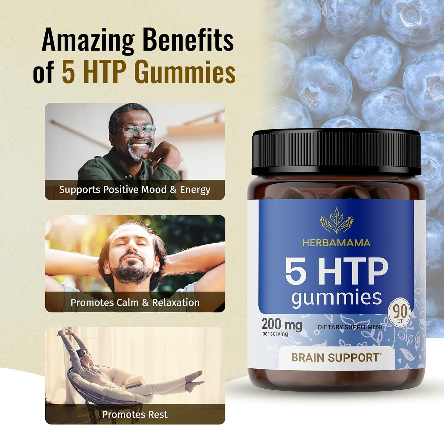 HERBAMAMA 5 HTP Gummies - Calm and Relaxation Support - Melatonin Mood Support and Serotonin Booster - Made with Calcium, 90 Vegan Blueberry Flavor Chews - 5-HTP 200Mg