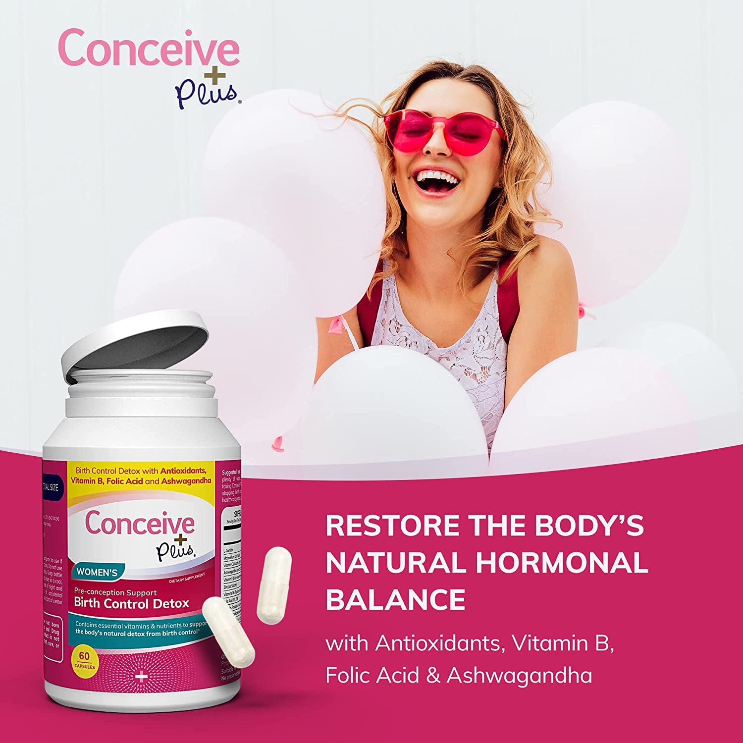 CONCEIVE plus Birth Control Detox, 30-Day Program, 60 Capsules, Hormone Balance, Fertility Support, Birth Control Cleanse, Prenatal Vitamins for Women