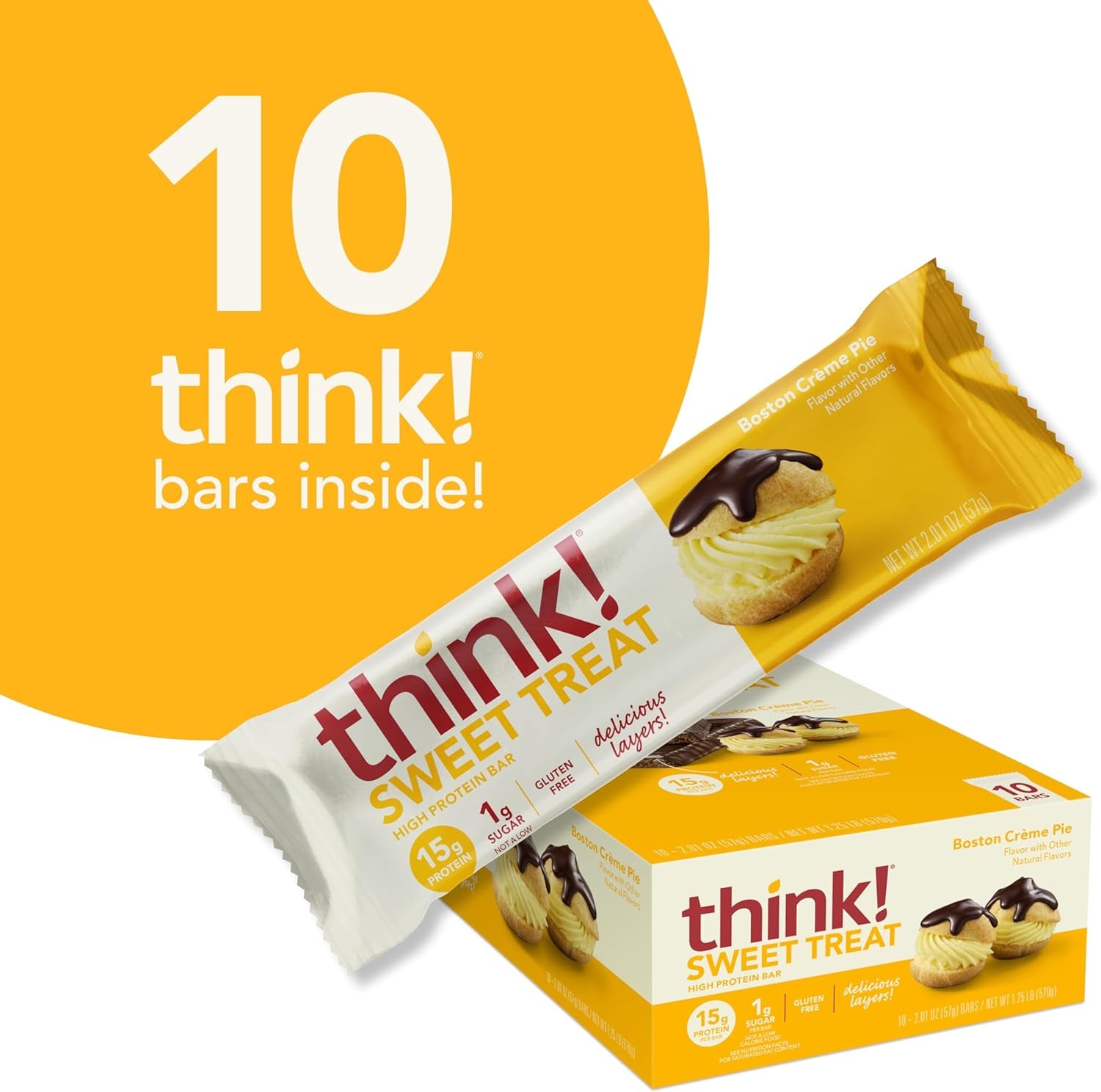 Think! Protein Bars, High Protein Snacks, Gluten Free, Kosher Friendly, Sweet Treat, Boston Creme Pie, 10 Count