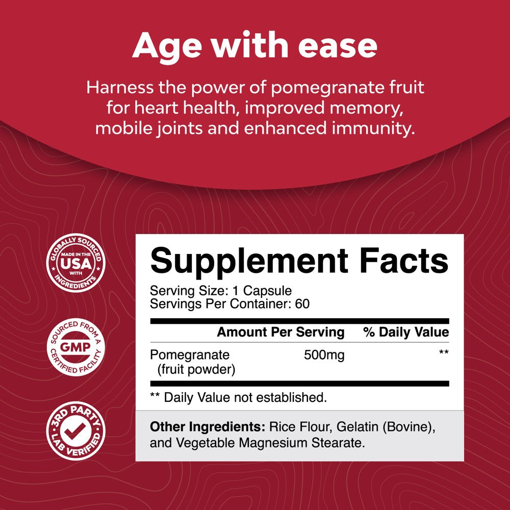 Pomegranate Extract Capsules Antioxidant Supplement - Natural Pomegranate Capsules for Heart Health Joint Support and Pre Workout for Men and Women - Nitric Oxide Supplement with Brain Health Vitamins