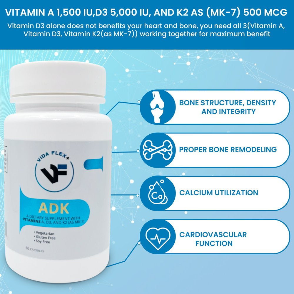 Vida Flex+ ADK Vitamin Supplement Vitamin a Vitamin D3 5000 IU & Vitamin K2 Powerful Trio to Support Bone Structure Heart Health Immune Function, 2-Month, One Daily Pill- 60 Vegetarian Capsules