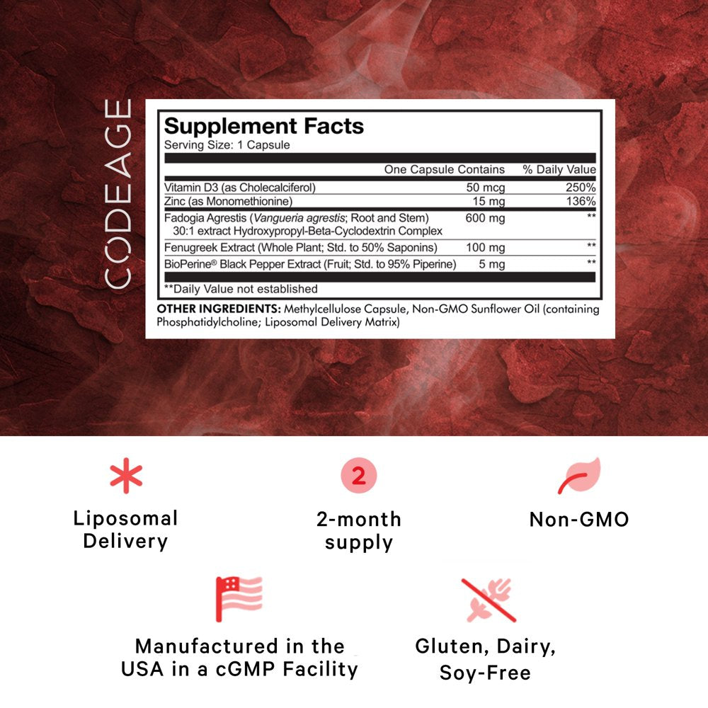 Codeage Liposomal Fadogia Agrestis, HP-?-CD Complex, Vitamin D3 Zinc Fenugreek Black Pepper, 60 Ct