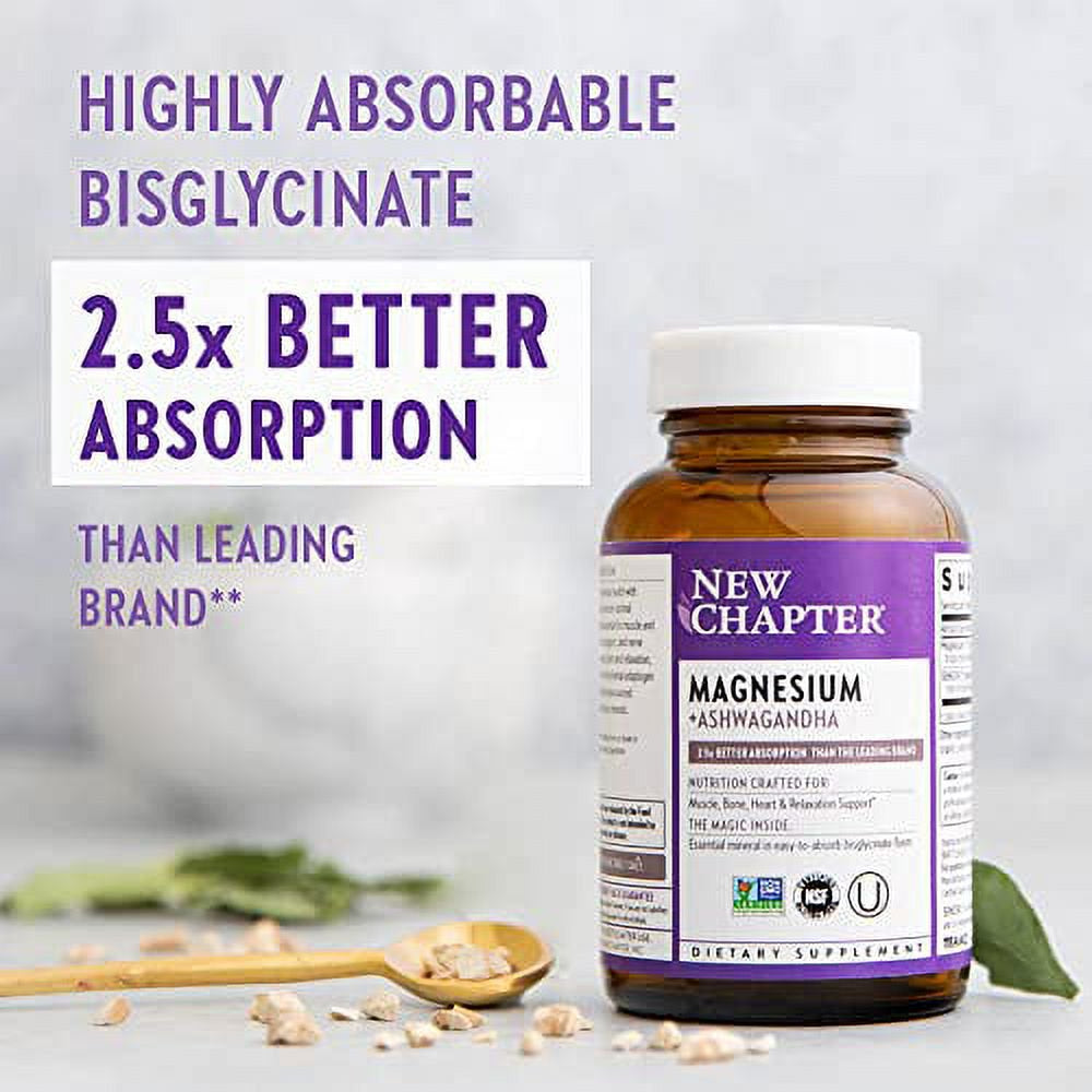 Magnesium, New Chapter Magnesium + Ashwagandha Supplement, 2.5X Absorption, Muscle Recovery, Heart & Bone Health, Calm & Relaxation, Gluten Free, Non-Gmo - 30 Count (Pack of 1)