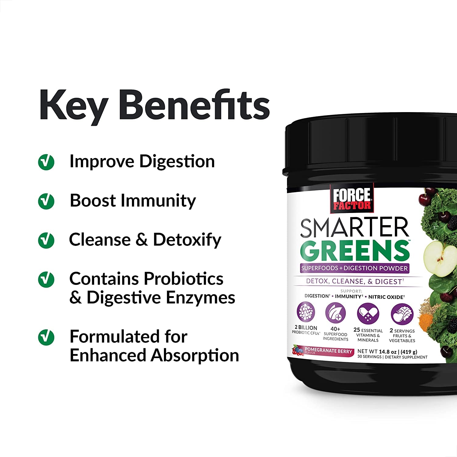 FORCE FACTOR Smarter Greens Superfoods + Digestion Powder, Greens Powder with 2 Billion Probiotics, Digestive Enzymes, and Antioxidants to Detox, Cleanse, 30 Servings