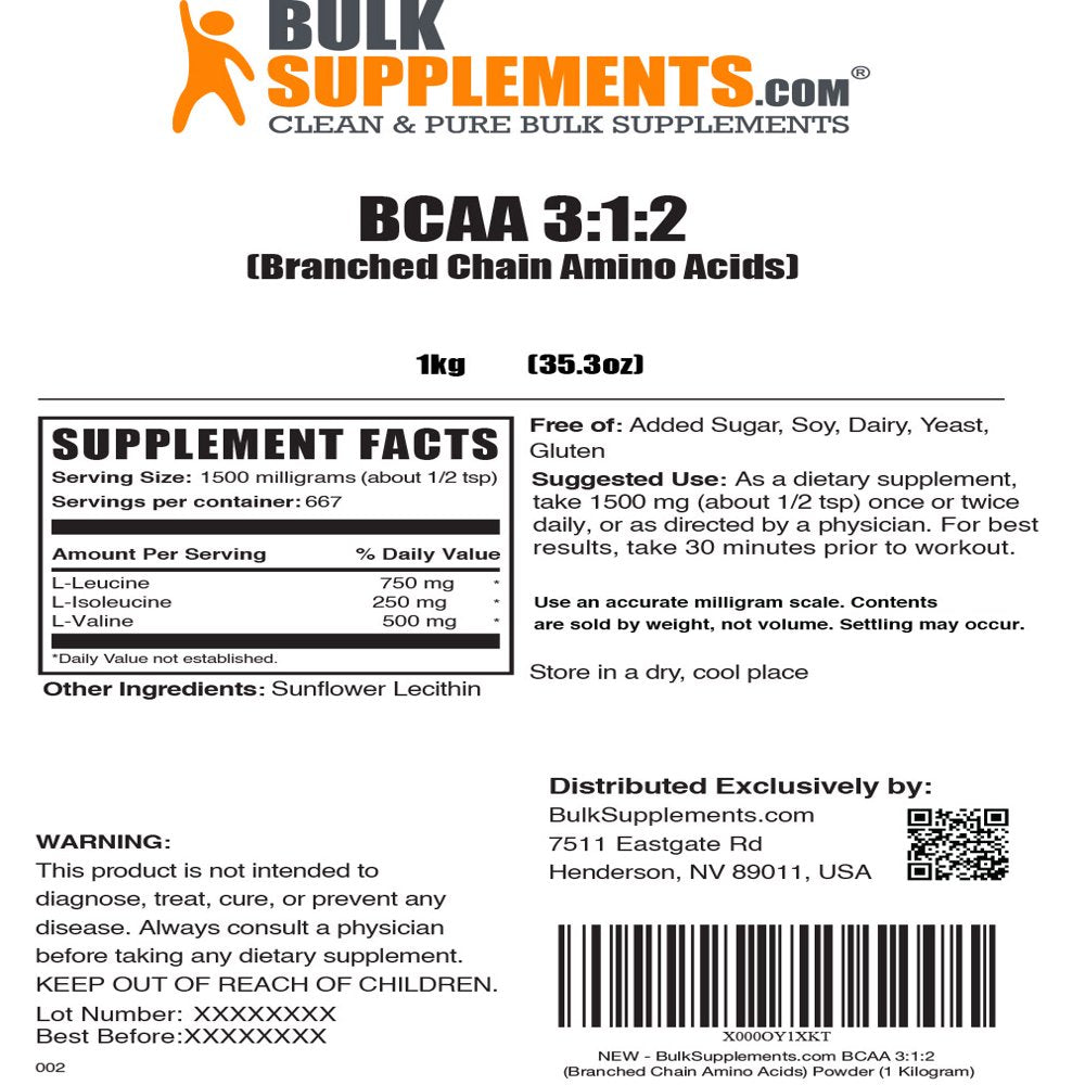 Bulksupplements.Com BCAA 3:1:2 (Branched Chain Amino Acids) Powder - Bcaas Amino Acids - Workout Amino Chains Supplement (1 Kilogram - 2.2 Lbs)