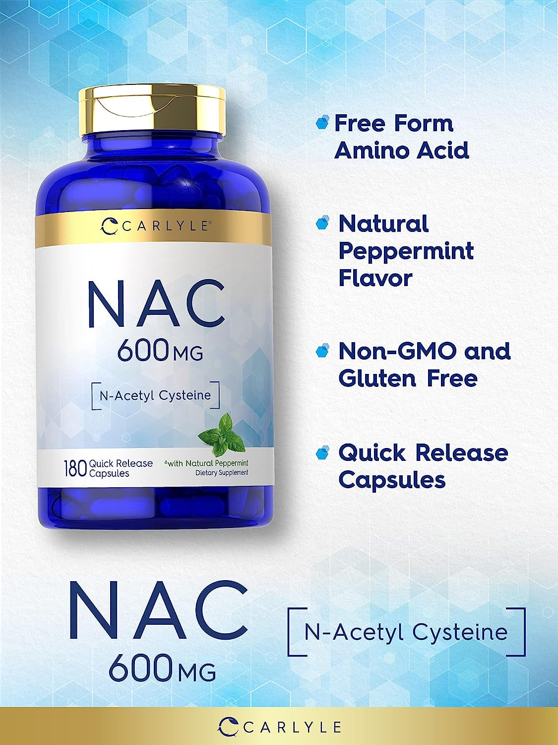 Carlyle NAC N-Acetyl Cysteine 600Mg | 180 Capsules | with Peppermint | Free Form Supplement | Non-Gmo, Gluten Free