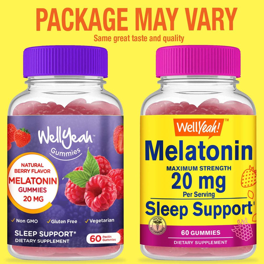 Wellyeah Melatonin Gummies 20 Mg - Natural Berry Flavor - Drug-Free Gummy Supplement - Gluten Free and Gelatin Free, Vegetarian - 60 Gummies