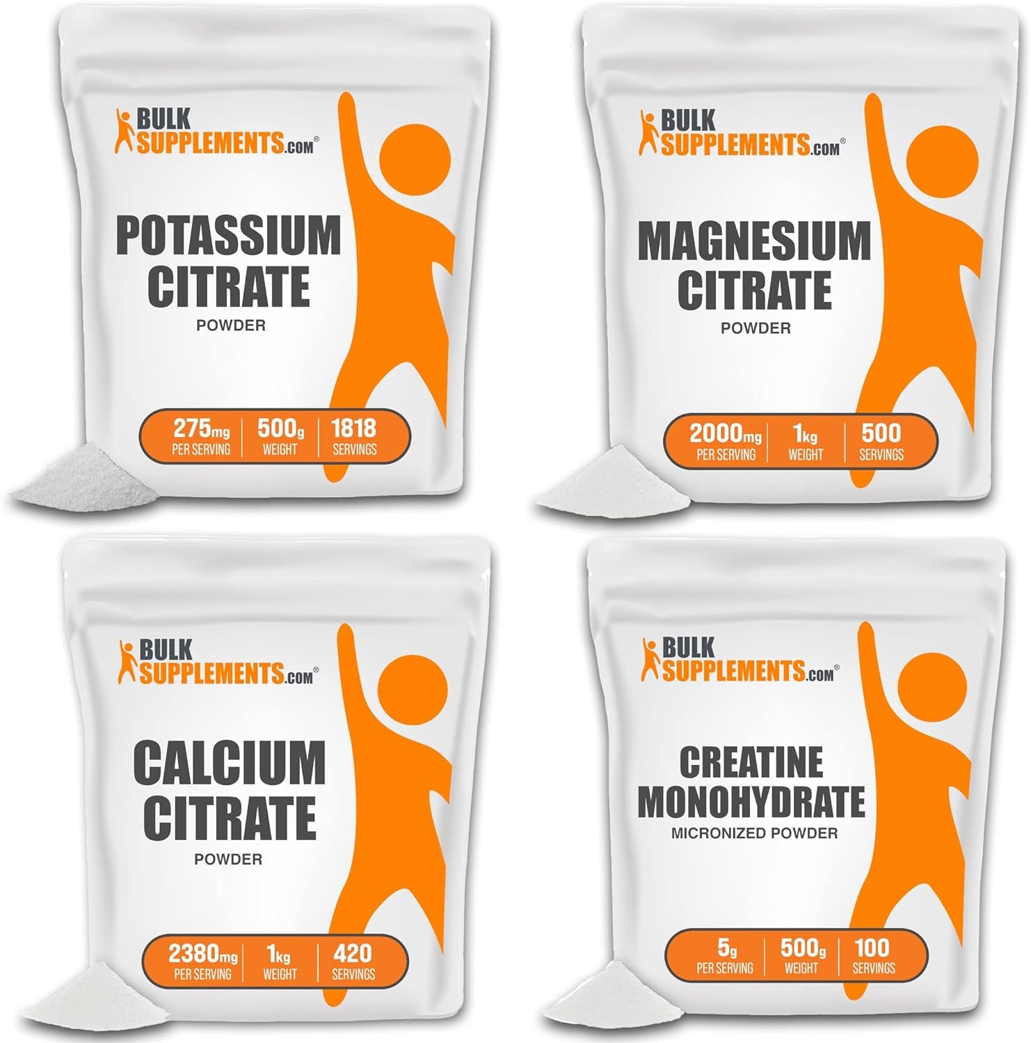 BULKSUPPLEMENTS.COM Potassium Citrate Powder 500G, with Magnesium Citrate Powder 1KG, Calcium Citrate Powder 1KG & Creatine Monohydrate Powder (Micronized Creatine) 500G Bundle