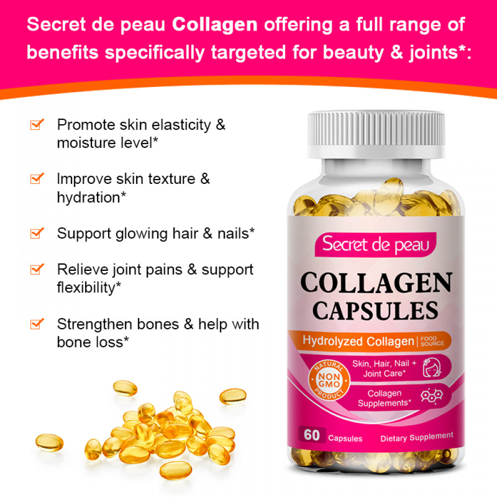 Secret De Peau Collagen Capsules - Collagen Pills, 60 Count, for Skin, Hair, Nails & Joints, Collagen Supplements for Women & Men, Non-Gmo