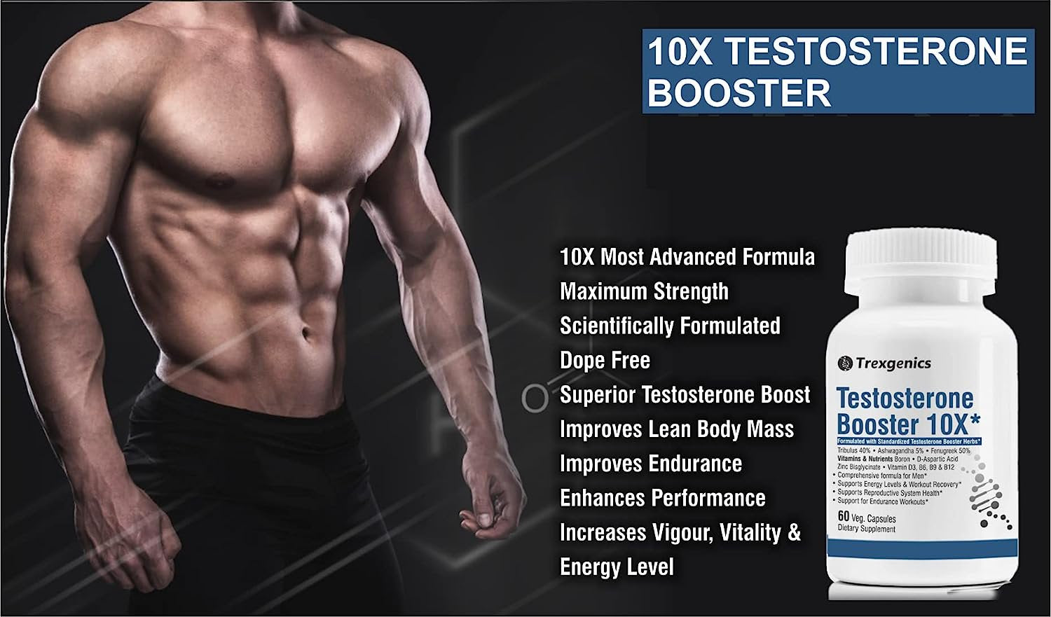 Trexgenics Testogen-10X Synergistic Testosterone Booster 60 Veg Capsules