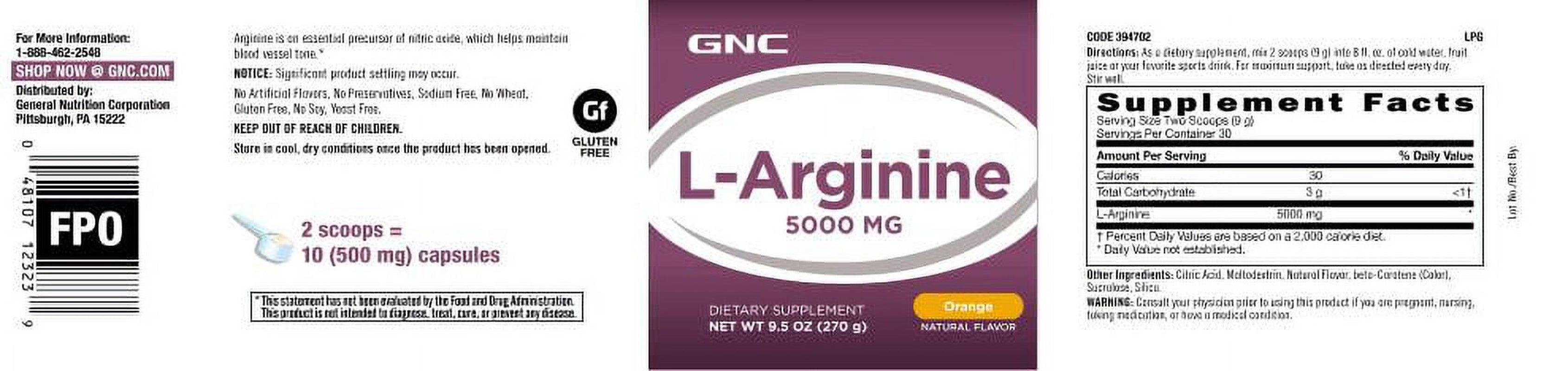 GNC L-Arginine 5000Mg - Orange, Twin Pack, 30 Servings per Container, Increases Nitric Oxide Productioin