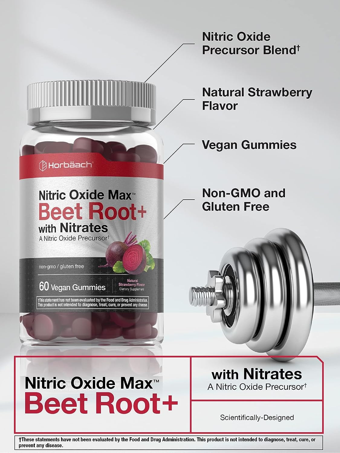 Nitric Oxide Beet Root Gummies | 60 Count | with Nitrates | Natural Strawberry Flavor | Vegan, Non-Gmo, Gluten Free Supplement | by Horbaach