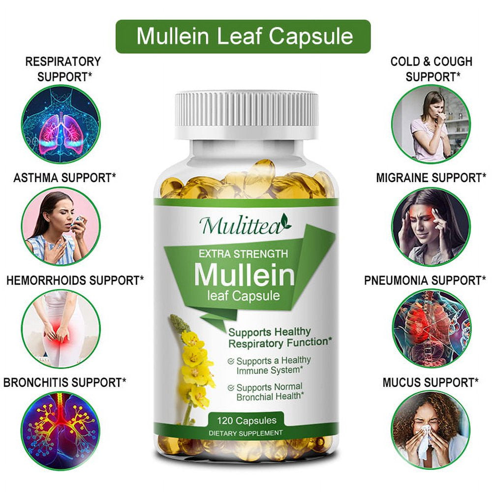 Mulittea Mullein Leaf Capsules Herbal Supplement Supports Respiratory Function Health,120Count/Bottle