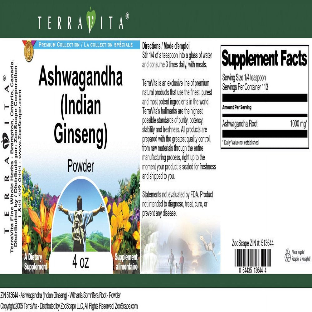 Terravita Ashwagandha (Indian Ginseng) - Withania Somnifera Root - Powder, (4 Oz, 1-Pack, Zin: 513644)