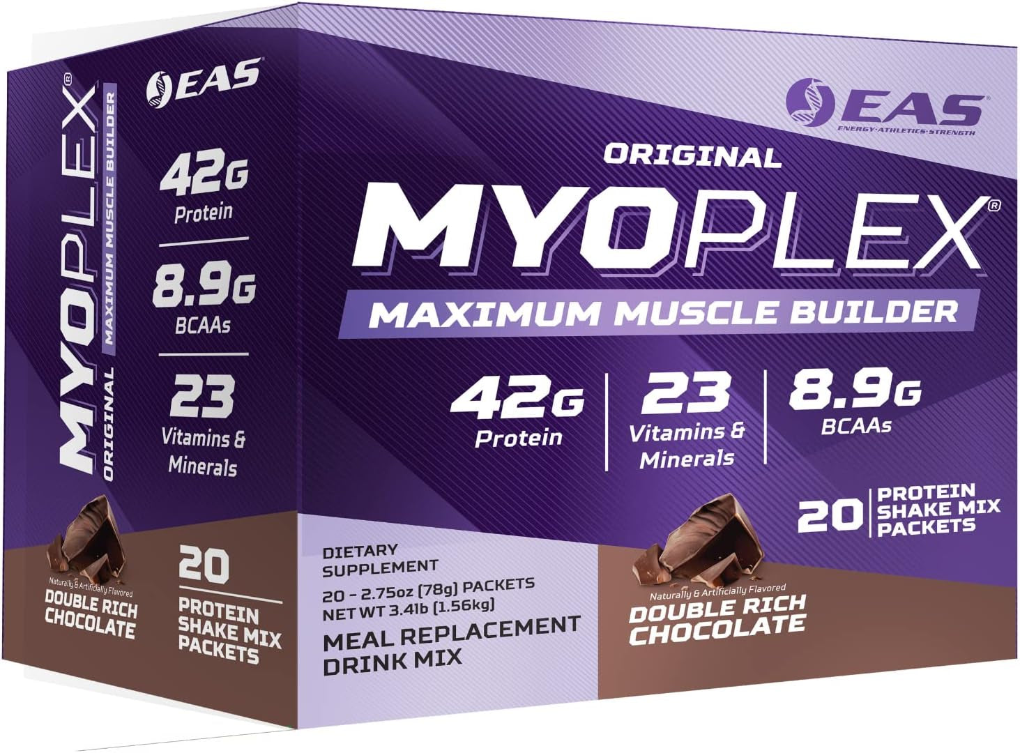 EAS Original MYOPLEX Maximum Muscle Builder - Meal Replacement Protein Mix - Double Rich Chocolate - 20 Individual Packets - Quality Protein Blend - 42G per Serving