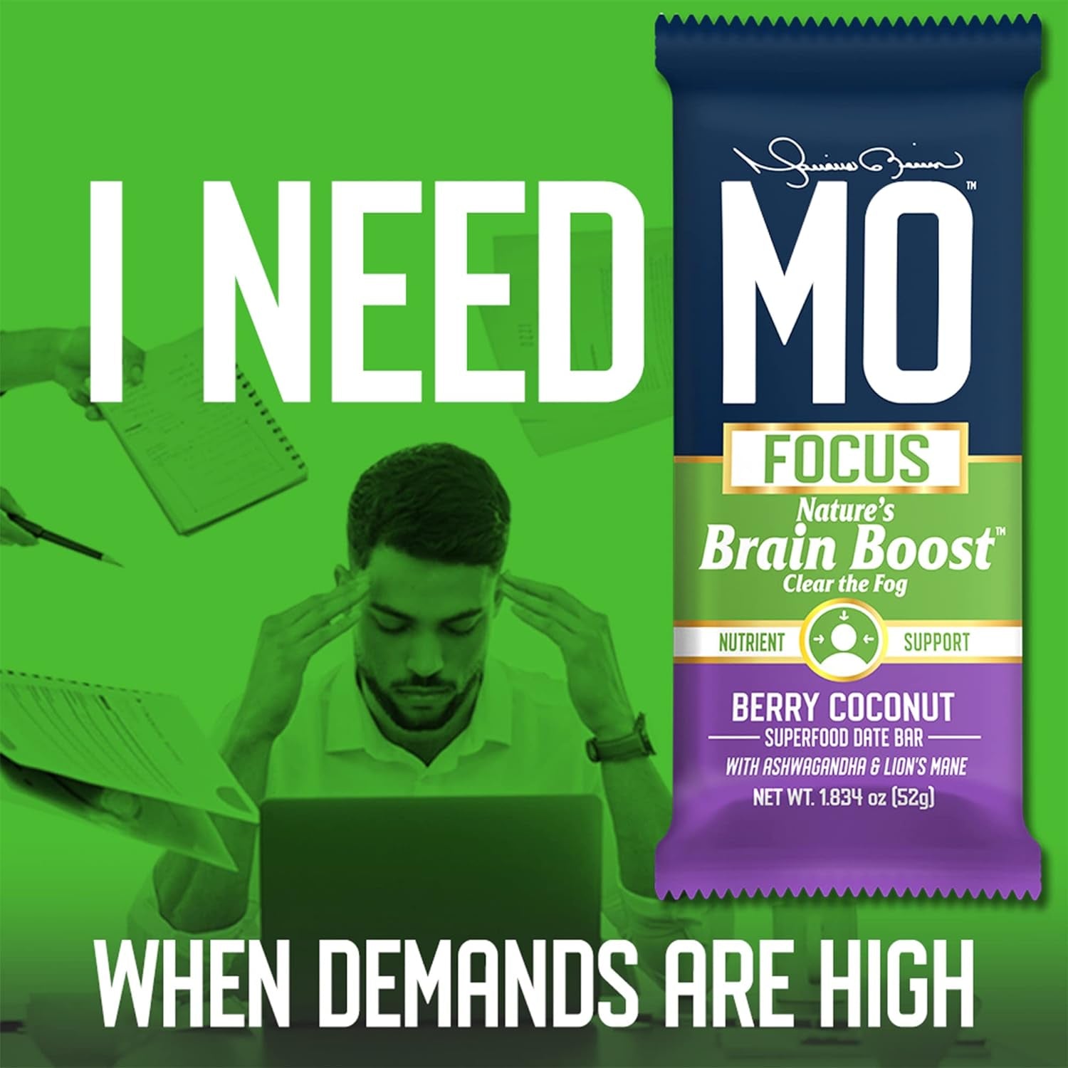 "MO FOCUS" BARS – All-Natural Superfood Date Bar - Brain Boost Snack Bars with Ashwagandha & Lion'S Mane, 52 G (12 Bars in a Box)(Berry Coconut)