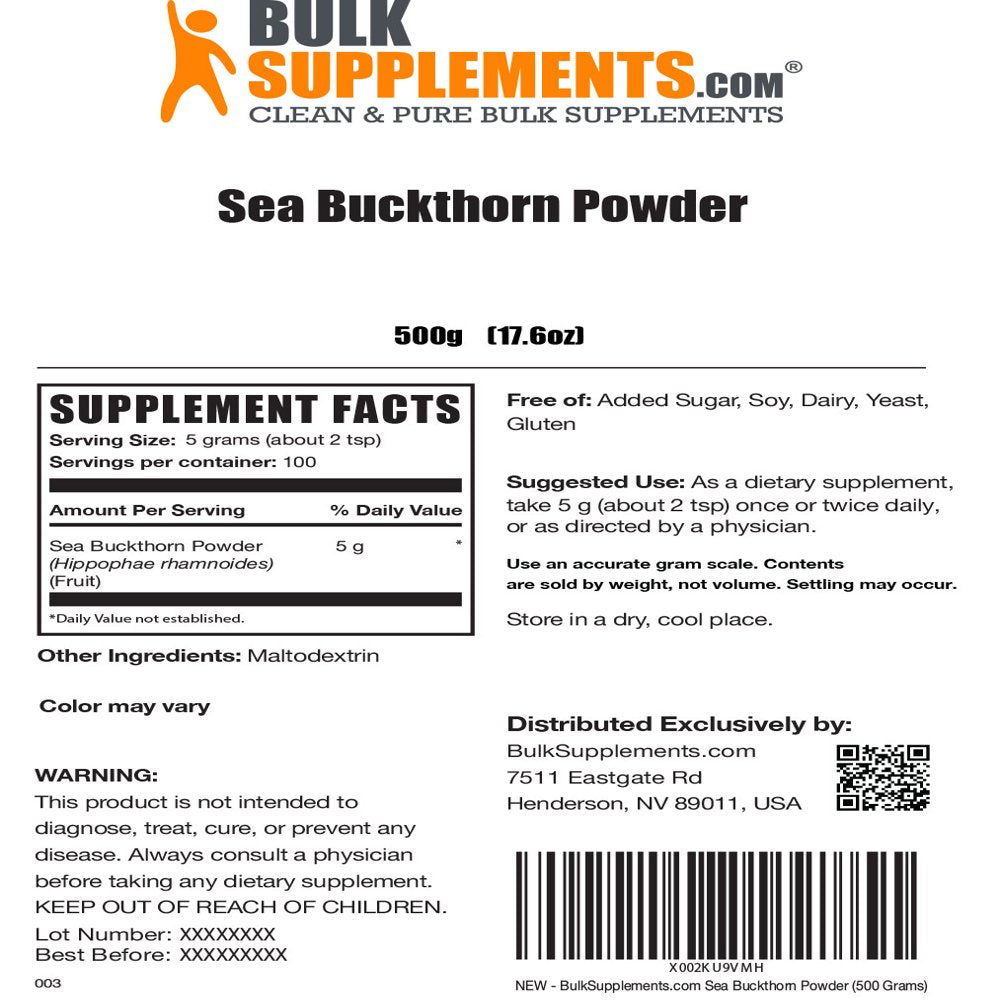 Bulksupplements.Com Sea Buckthorn Powder - Superfood Powder - Radiant Beauty Hair Vitamins (500G - 100 Servings)