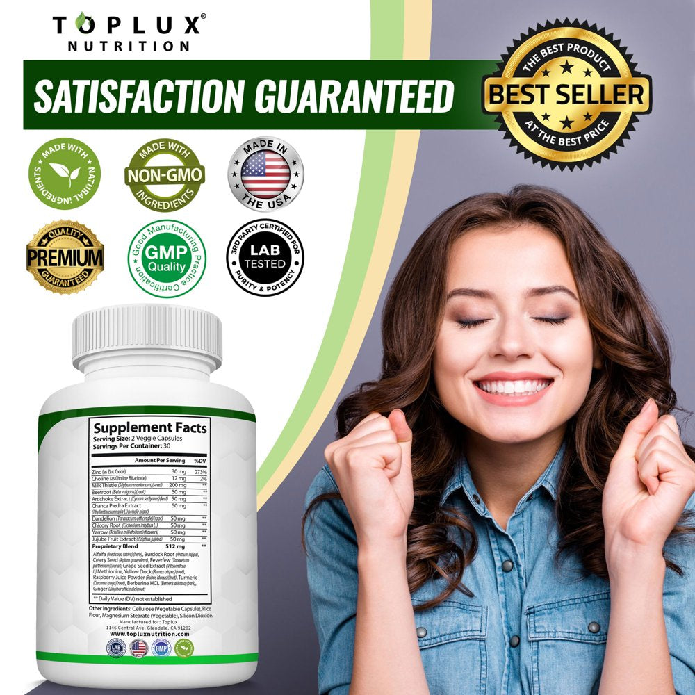 Toplux Detox Liver Cleanse Supplement Support Liver & Body Detox Milk Thistle Artichoke Extract Dandelion Root, 25+ Herbs 60 Capsules