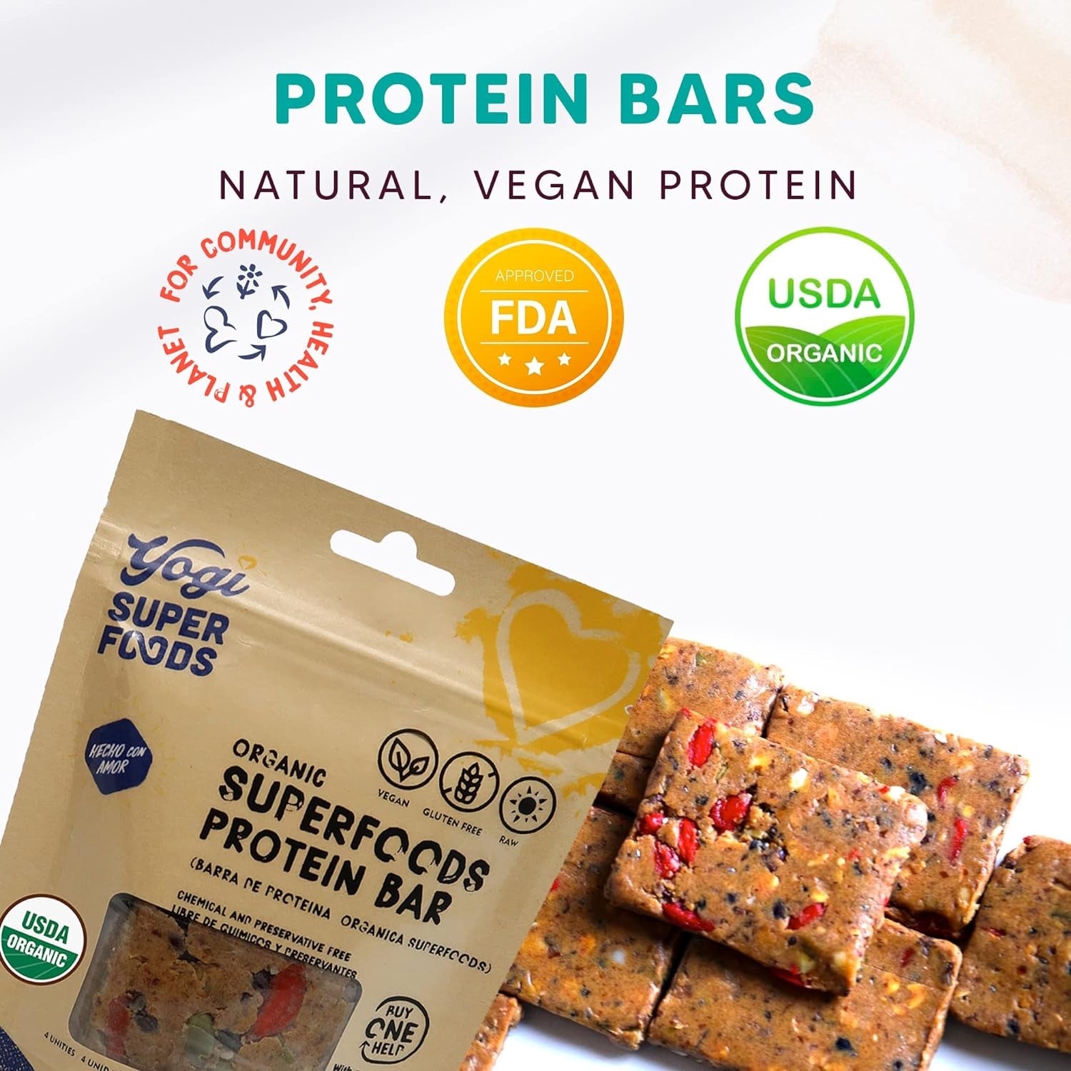 Yogi Super Foods Maca Protein Bars with Cacao for Healthy Energy - Raw, Vegan, Gluten Free, Low Glycemic Superfood Snack Food Bars with Plant Protein, Cocoa Powder & Granola - 4 Bars