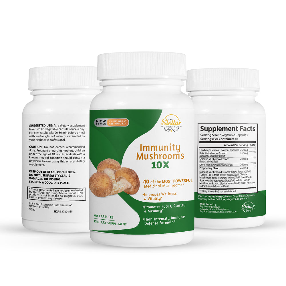 5 Pack Immunity Mushrooms 10X, Promotes Focus, Clarity & Memory-60 Capsules X5