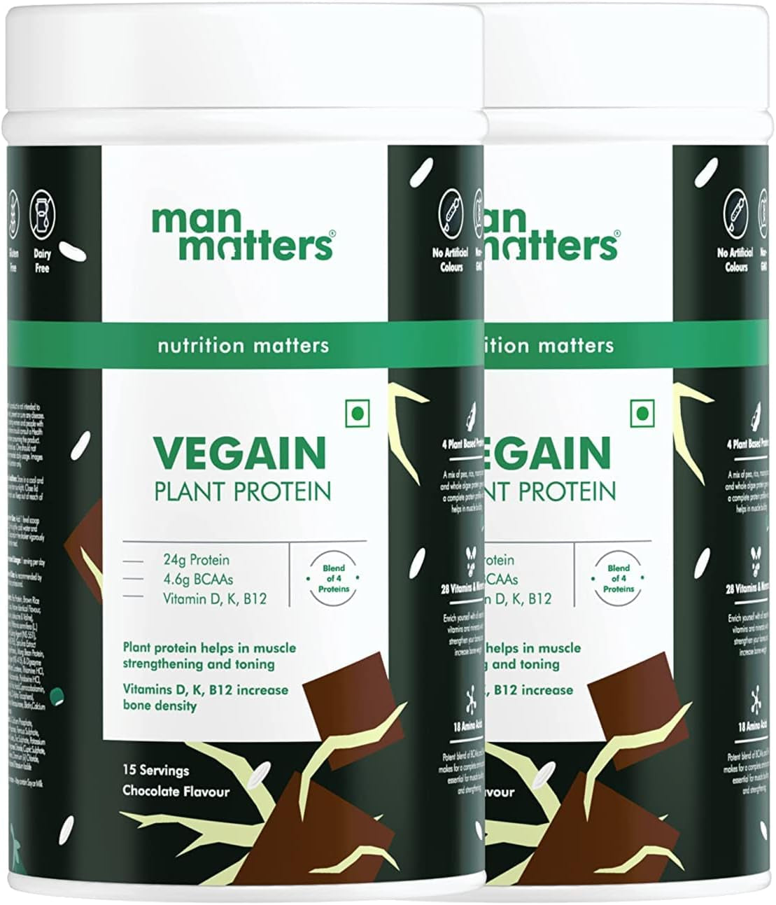 Man Matters VEGAIN Plant Protein Powder for Men100% Vegetaria Made with Pea, Brown Rice,Moong Bean, Whole Algae | Faster Muscle Recovery & Improved Strength | 24G Protein per Serving | 1 Kgs