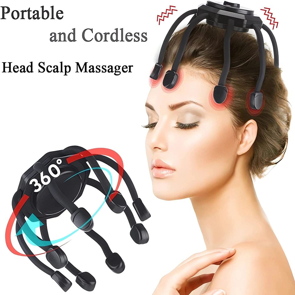 Ultra Scalp Massager Electric Head Hair Massager Vibrating Scalp Stress Relax, 360 Degree Head Cordless Automatic Scalp Massager Scratcher, 8-Frequency Contacts 3 Modes Massager (Black)